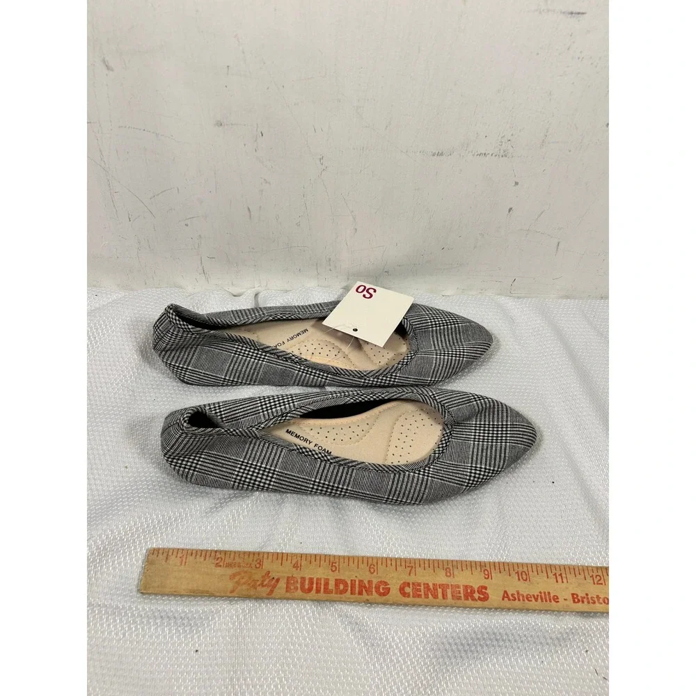 SO Glen Plaid Ballet Flats Size 10 Black White Pointed Toe Memory Foam Womens